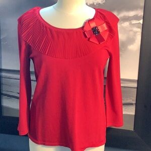 Cable & Gauge Red Chiffon Ruffle Collar Jewel Bow Pullover Holiday Sweater Sz M